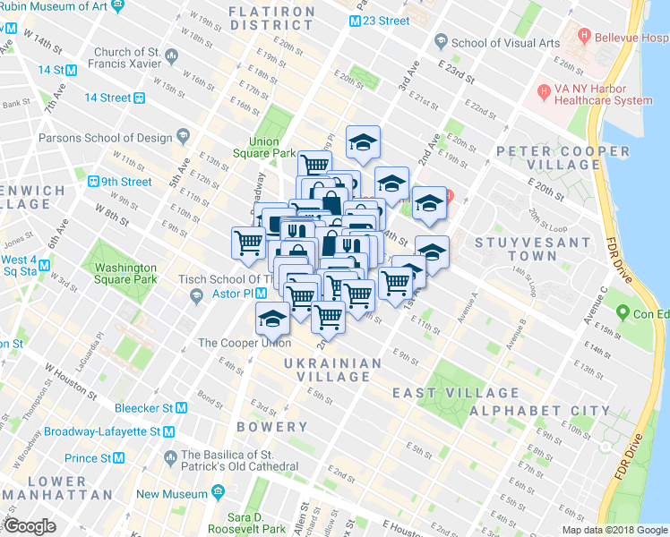 map of restaurants, bars, coffee shops, grocery stores, and more near 225 East 11th Street in New York