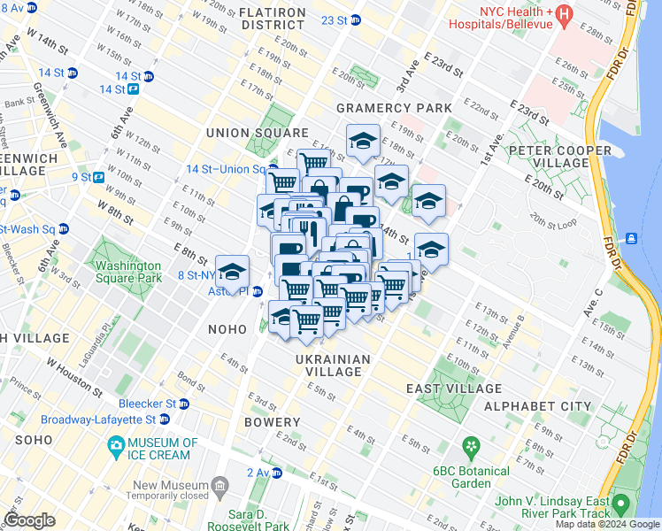 map of restaurants, bars, coffee shops, grocery stores, and more near 225 East 11th Street in New York