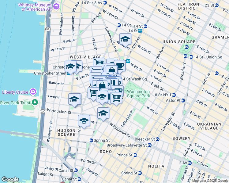map of restaurants, bars, coffee shops, grocery stores, and more near 119 MacDougal Street in New York