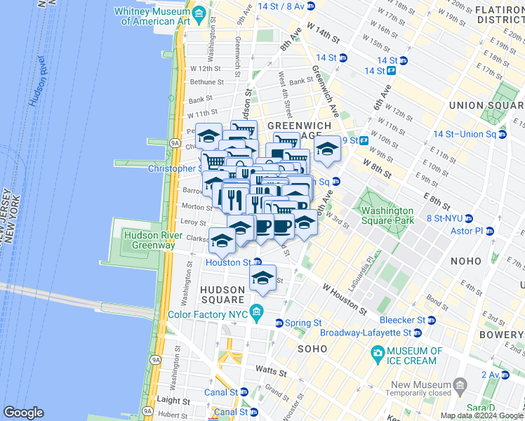 map of restaurants, bars, coffee shops, grocery stores, and more near 51 Morton Street in New York