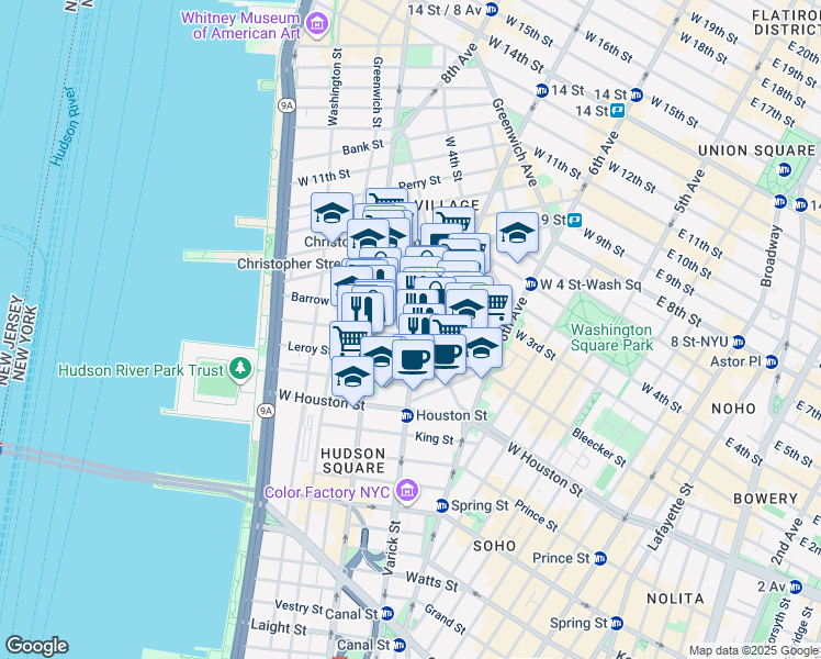 map of restaurants, bars, coffee shops, grocery stores, and more near 51 Morton Street in New York