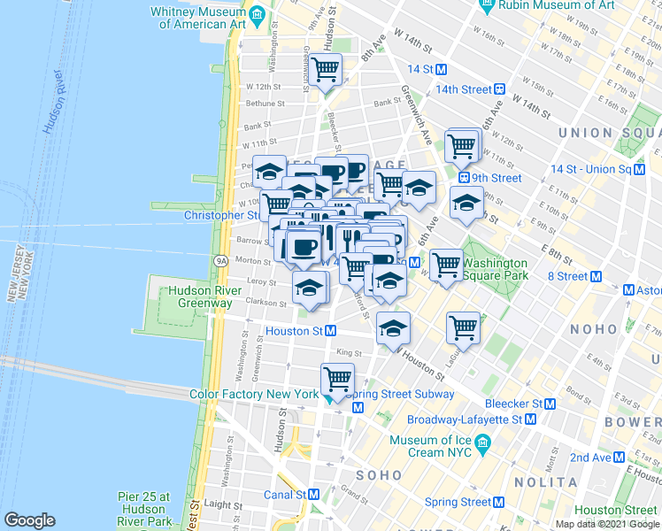 map of restaurants, bars, coffee shops, grocery stores, and more near 51 Morton Street in New York