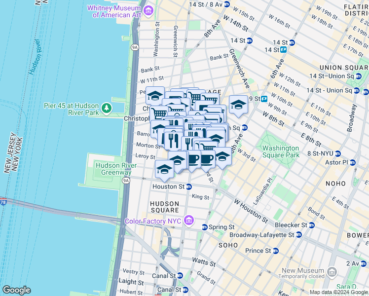 map of restaurants, bars, coffee shops, grocery stores, and more near 51 Morton Street in New York