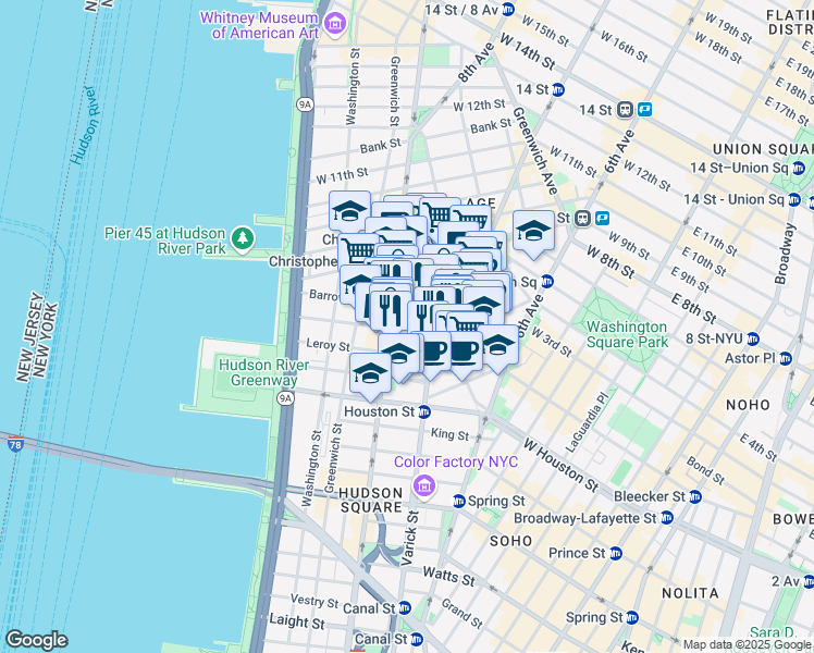 map of restaurants, bars, coffee shops, grocery stores, and more near 51 Morton Street in New York