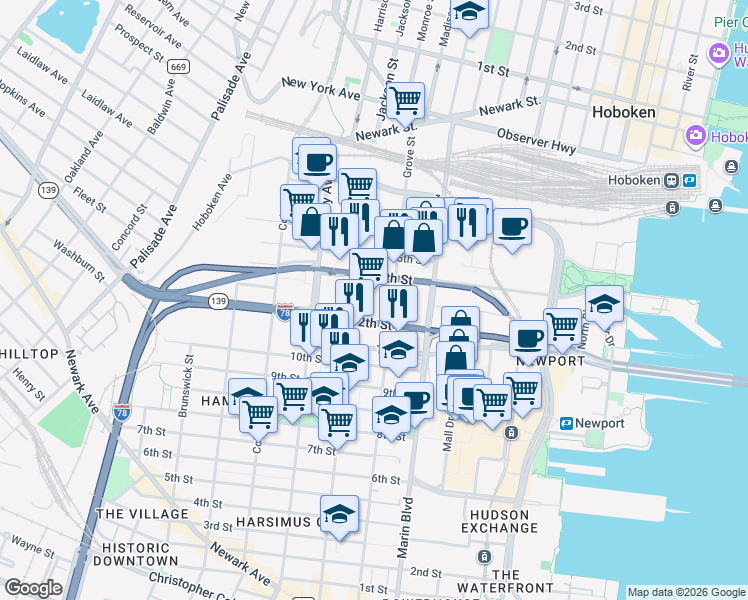 map of restaurants, bars, coffee shops, grocery stores, and more near 575 Manila Avenue in Jersey City