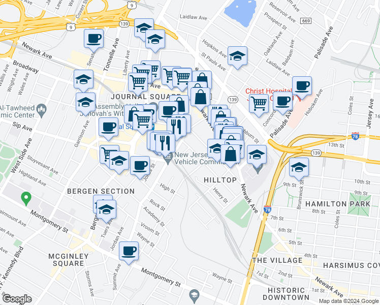 map of restaurants, bars, coffee shops, grocery stores, and more near 121 Magnolia Avenue in Jersey City