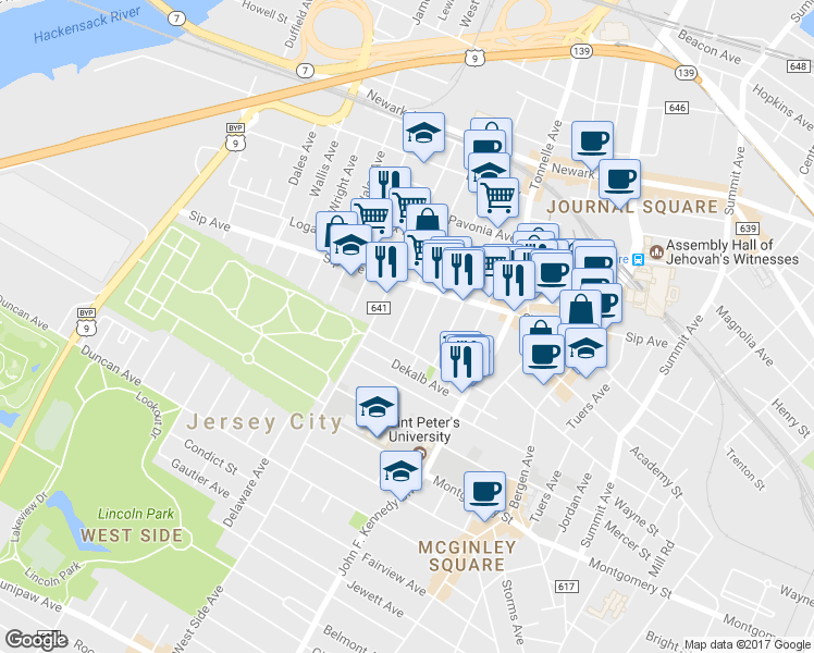 map of restaurants, bars, coffee shops, grocery stores, and more near 21 Van Wagenen Avenue in Jersey City