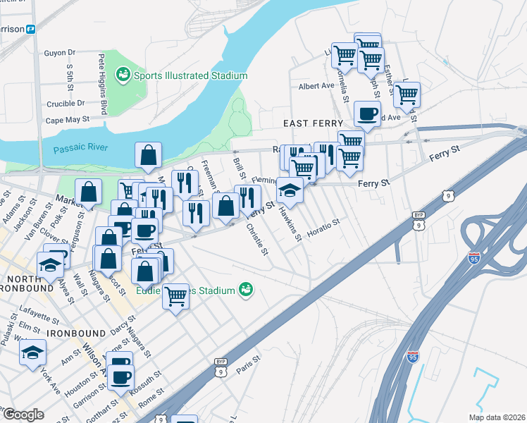 map of restaurants, bars, coffee shops, grocery stores, and more near 467 Ferry Street in Newark