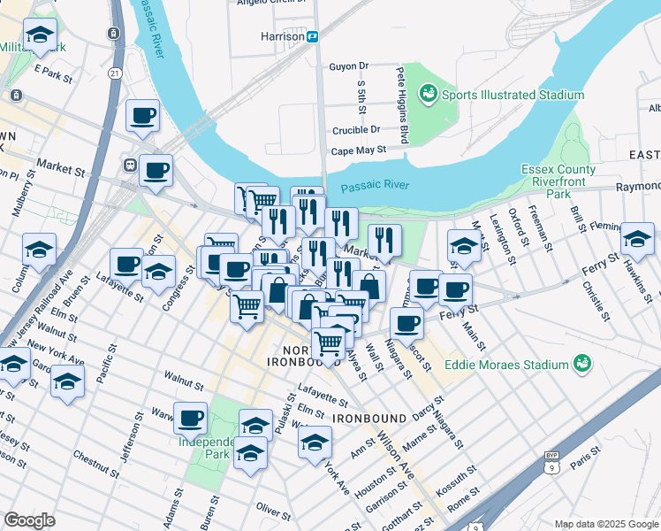 map of restaurants, bars, coffee shops, grocery stores, and more near 47 Van Buren Street in Newark