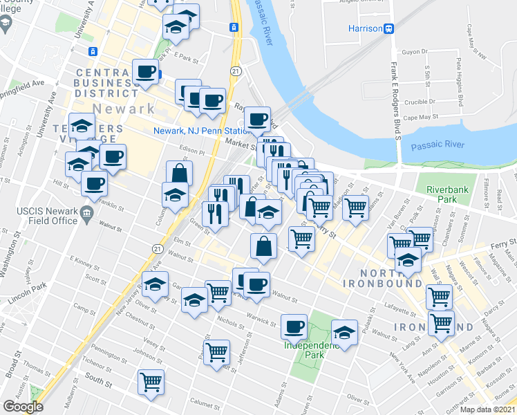 map of restaurants, bars, coffee shops, grocery stores, and more near 85 Union Street in Newark