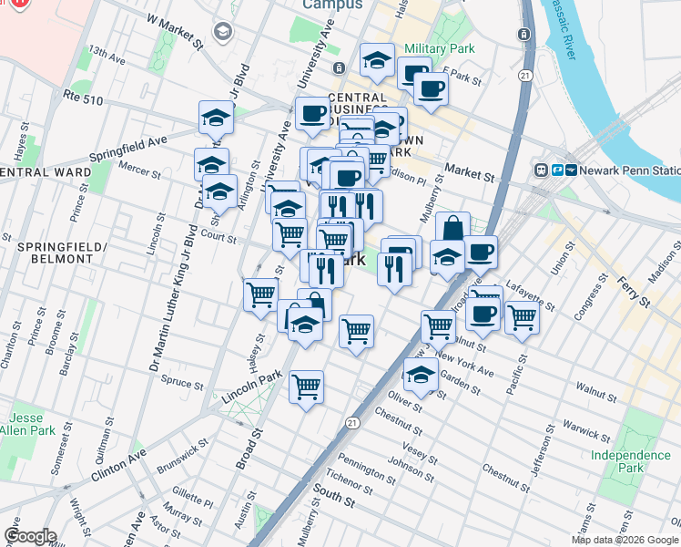 map of restaurants, bars, coffee shops, grocery stores, and more near in Newark