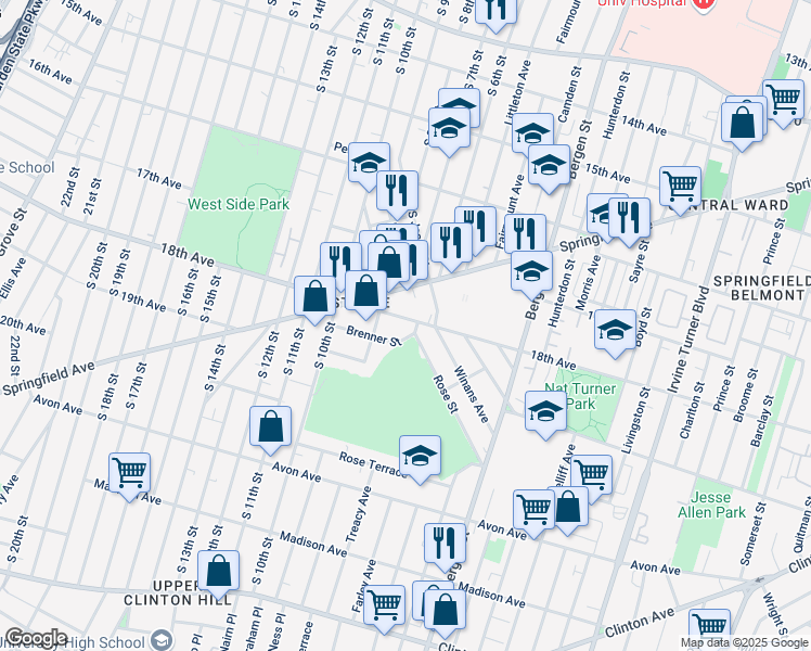 map of restaurants, bars, coffee shops, grocery stores, and more near 398 18th Avenue in Newark