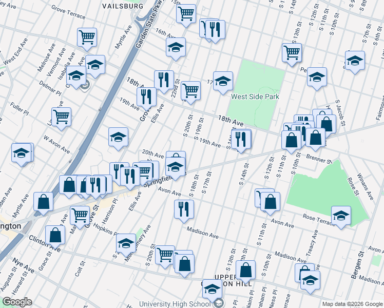 map of restaurants, bars, coffee shops, grocery stores, and more near 731 South 18th Street in Newark