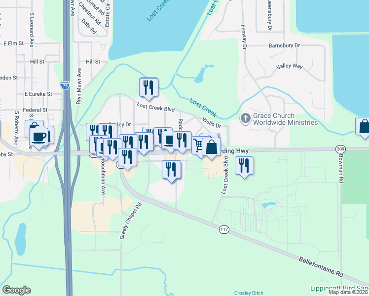 map of restaurants, bars, coffee shops, grocery stores, and more near 2131 Harding Hwy in Lima