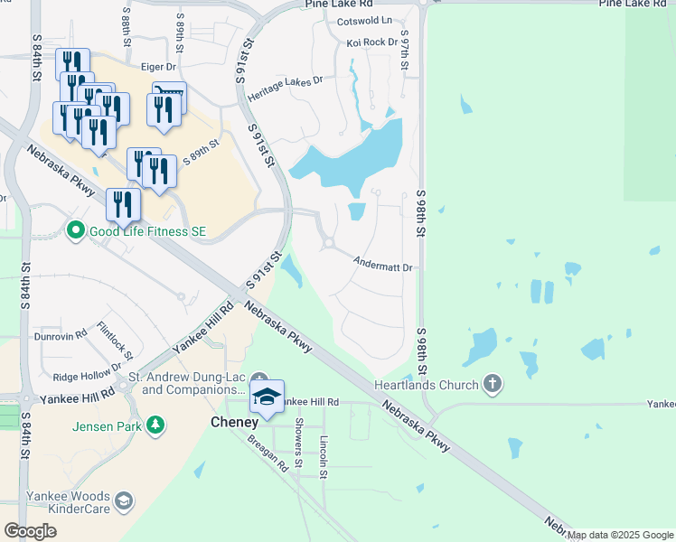 map of restaurants, bars, coffee shops, grocery stores, and more near 9401 Andermatt Drive in Lincoln