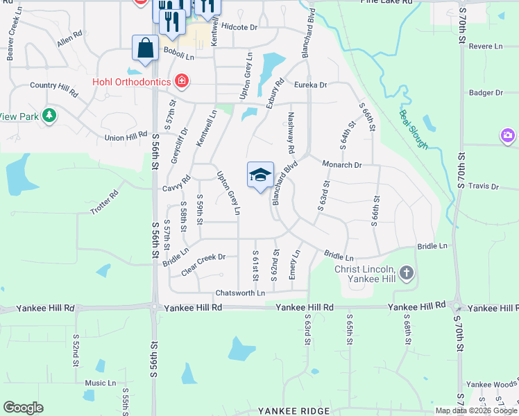 map of restaurants, bars, coffee shops, grocery stores, and more near 7901 Blanchard Boulevard in Lincoln
