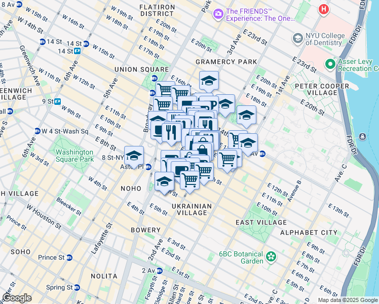 map of restaurants, bars, coffee shops, grocery stores, and more near 225 East 11th Street in New York
