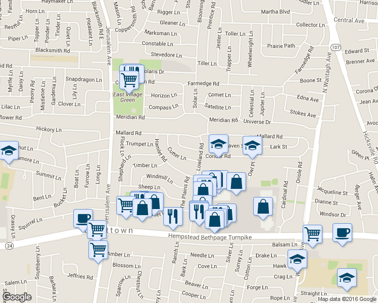 map of restaurants, bars, coffee shops, grocery stores, and more near 26 Wagon Lane in Levittown
