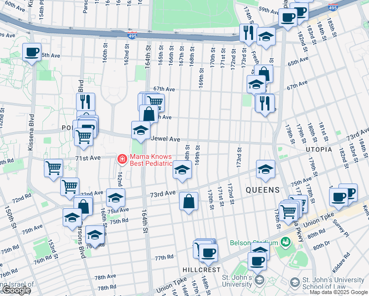 map of restaurants, bars, coffee shops, grocery stores, and more near 70-16 168th Street in Queens
