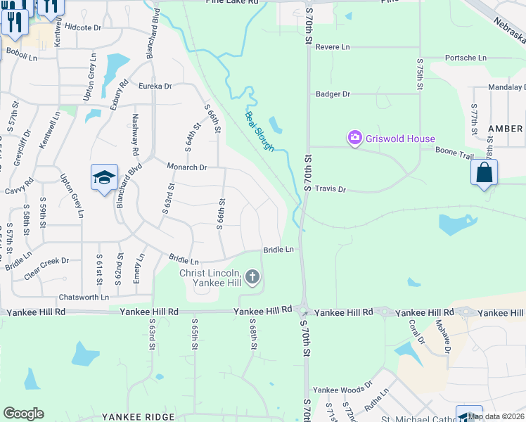 map of restaurants, bars, coffee shops, grocery stores, and more near 7918 South 67th Street in Lincoln