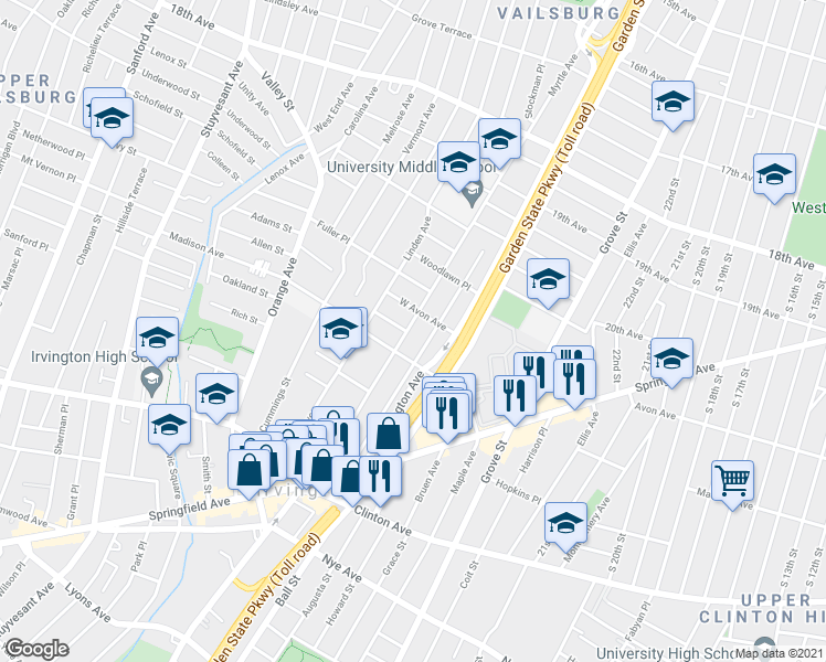 map of restaurants, bars, coffee shops, grocery stores, and more near 150 Myrtle Avenue in Irvington