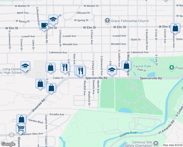 map of restaurants, bars, coffee shops, grocery stores, and more near 804 South Pears Avenue in Lima