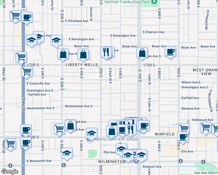 map of restaurants, bars, coffee shops, grocery stores, and more near 1804 Park Street East in Salt Lake City