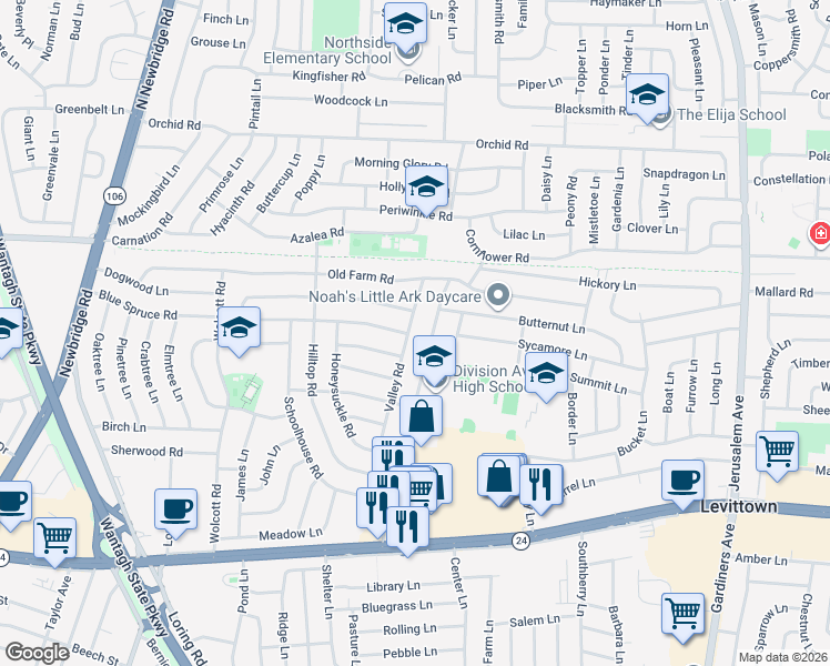 map of restaurants, bars, coffee shops, grocery stores, and more near 91 Valley Road in Levittown