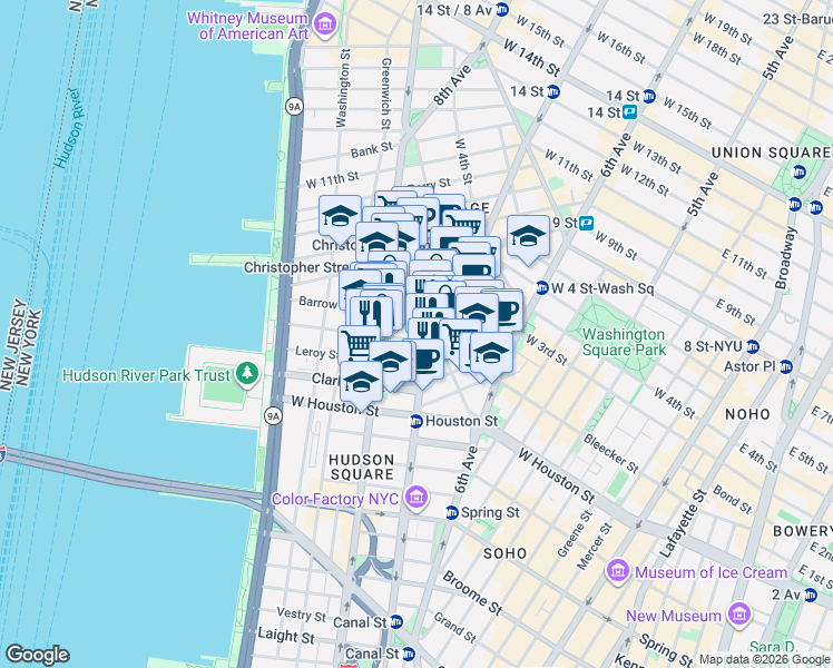map of restaurants, bars, coffee shops, grocery stores, and more near 51 Morton Street in New York