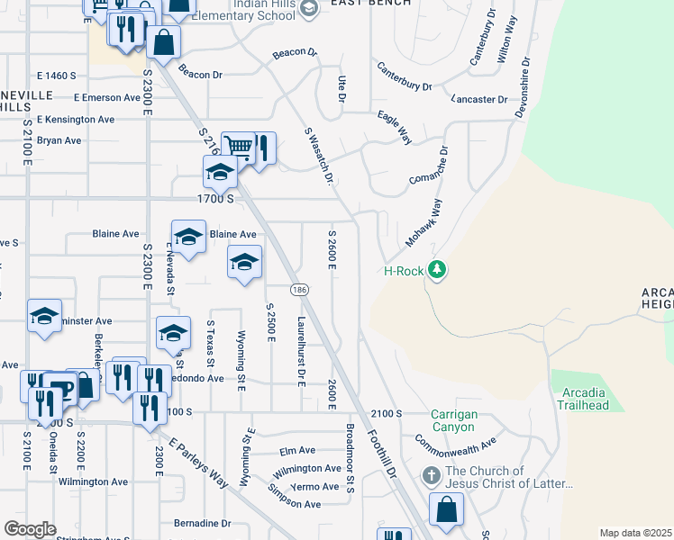 map of restaurants, bars, coffee shops, grocery stores, and more near 1809 South 26th East in Salt Lake City