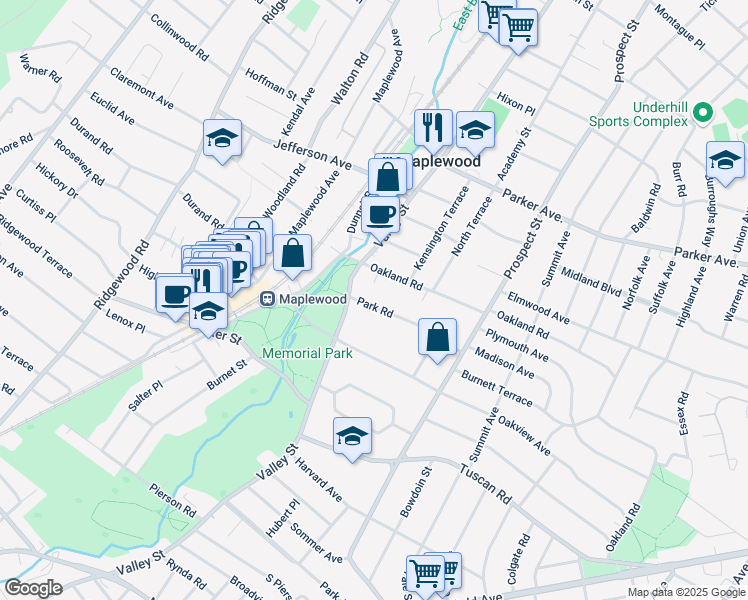 map of restaurants, bars, coffee shops, grocery stores, and more near 9 Park Road in Maplewood