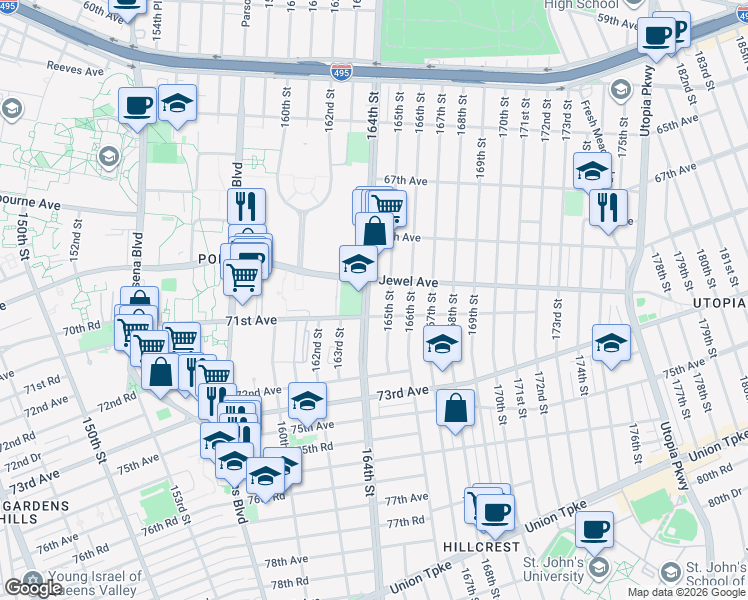 map of restaurants, bars, coffee shops, grocery stores, and more near 70-22 165th Street in Queens