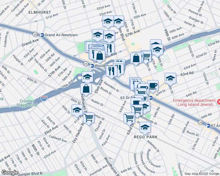 map of restaurants, bars, coffee shops, grocery stores, and more near 98-20 62nd Drive in Queens