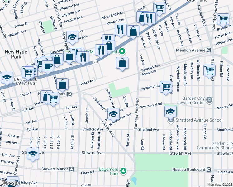 map of restaurants, bars, coffee shops, grocery stores, and more near Colonial Avenue in Garden City