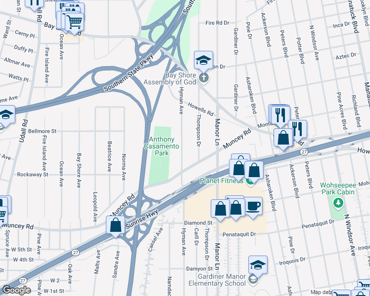 map of restaurants, bars, coffee shops, grocery stores, and more near 1221 Hyman Avenue in Bay Shore