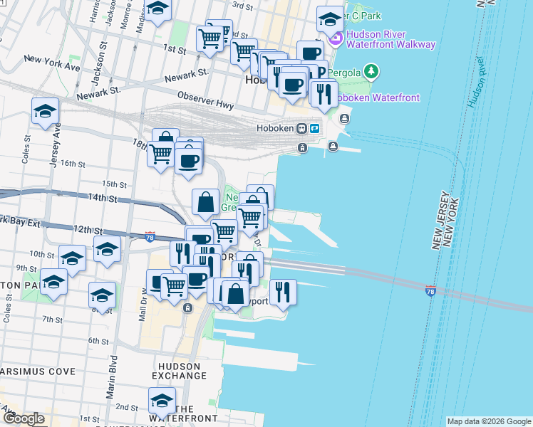map of restaurants, bars, coffee shops, grocery stores, and more near 45 Park Lane South in Jersey City