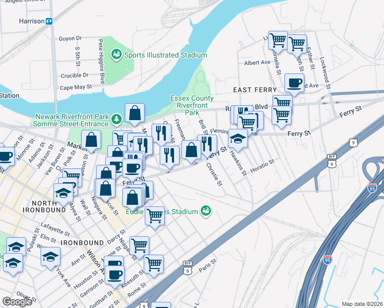 map of restaurants, bars, coffee shops, grocery stores, and more near 74-82 Freeman Street in Newark