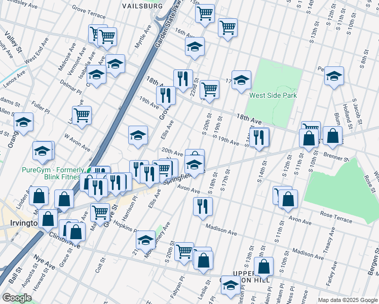 map of restaurants, bars, coffee shops, grocery stores, and more near 10 20th Avenue in Irvington