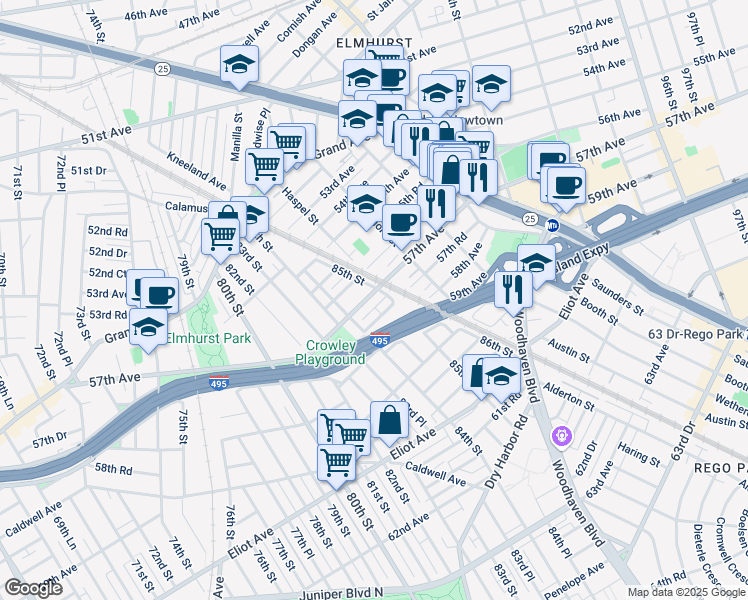 map of restaurants, bars, coffee shops, grocery stores, and more near 84-50 57th Avenue in Queens