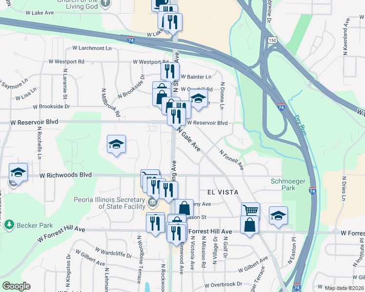 map of restaurants, bars, coffee shops, grocery stores, and more near 3508 North El Vista Avenue in Peoria