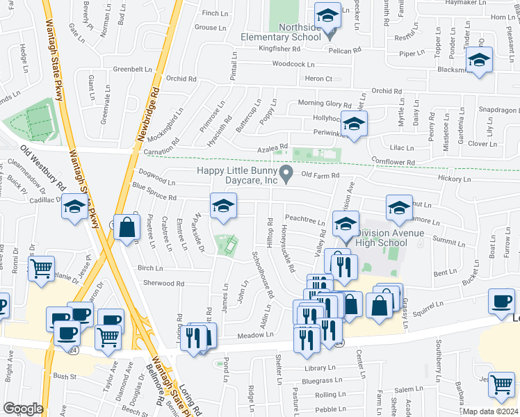 map of restaurants, bars, coffee shops, grocery stores, and more near 119 Schoolhouse Road in Levittown