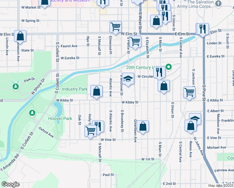 map of restaurants, bars, coffee shops, grocery stores, and more near 515 Ontario Street in Lima