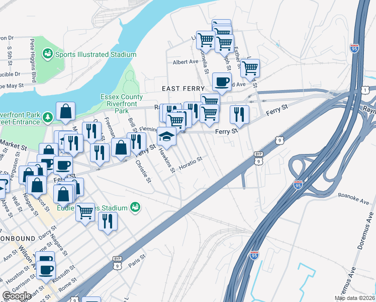 map of restaurants, bars, coffee shops, grocery stores, and more near 30 Cortland Street in Newark