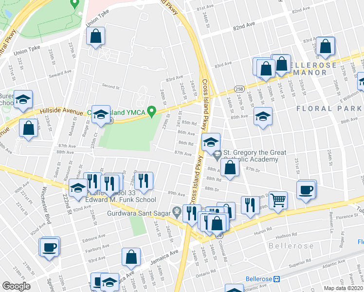 map of restaurants, bars, coffee shops, grocery stores, and more near 241-16 86th Road in Queens