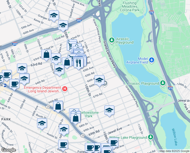map of restaurants, bars, coffee shops, grocery stores, and more near 108-49 66th Avenue in Queens