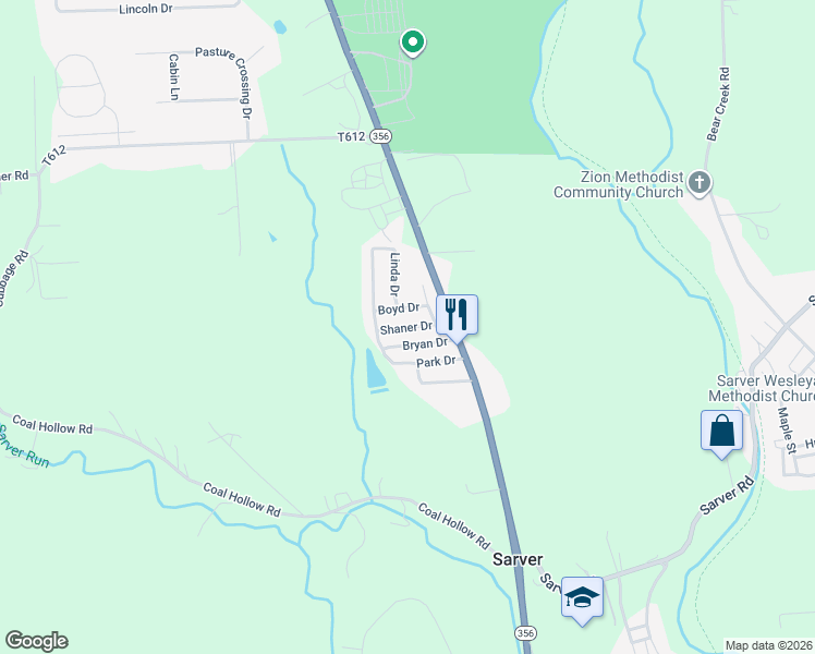 map of restaurants, bars, coffee shops, grocery stores, and more near 147 Shaner Drive in Sarver