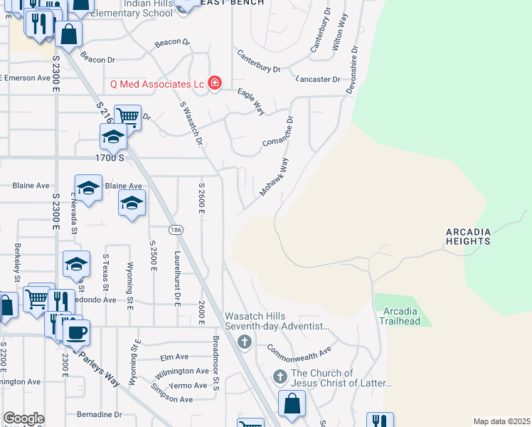 map of restaurants, bars, coffee shops, grocery stores, and more near 1800 Devonshire Drive in Salt Lake City