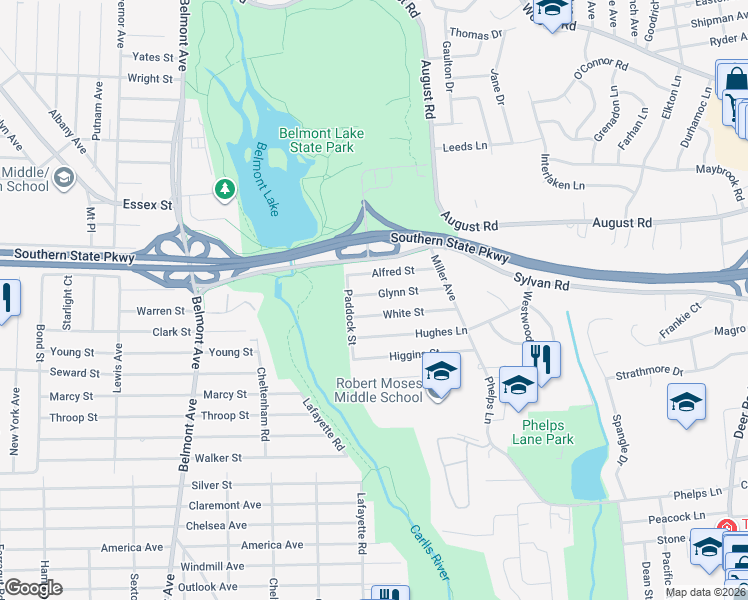 map of restaurants, bars, coffee shops, grocery stores, and more near 320 Glynn Street in North Babylon