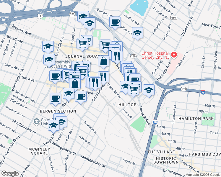 map of restaurants, bars, coffee shops, grocery stores, and more near 121 Magnolia Avenue in Jersey City
