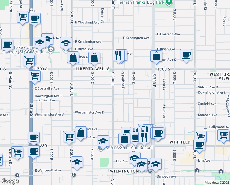 map of restaurants, bars, coffee shops, grocery stores, and more near 1805 South 500 East in Salt Lake City